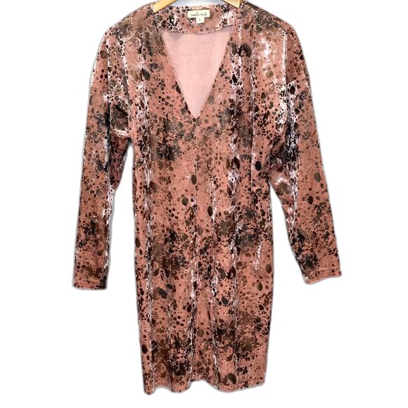 Cousin Earl Womens Shift Dress Deep Vneck Velvet Burnout Midi Short Antique Pink - Picture 1 of 10